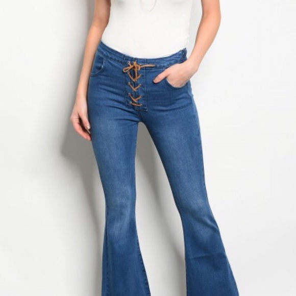 Boho Stretch Pull On Wide Flare leg Jeans Juniors - Picture 2 of 4